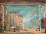 a painting of a street scene with people on the sidewalk