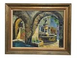 une peinture à l'huile représentant une cour avec une fontaine en son centre