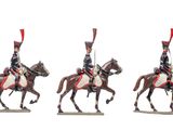 three figurines of men in uniforms riding on horses