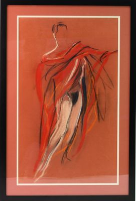 tableau représentant une femme en robe rouge, dans un cadre noir