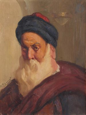 painting of an old man with a long beard and a blue hat