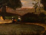 an image of a painting of people sitting on a bench by a river