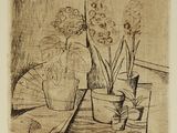 an image of a drawing of a vase with flowers on a table