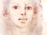 painting of a woman ' s face on a watercolor background