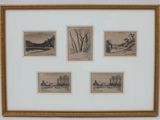 quatre dessins encadrés représentant des arbres et une rivière, dans un cadre doré