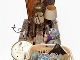 a basket full of assorted items sitting on a table