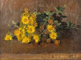 un tableau représentant un bouquet de fleurs jaunes posé sur une table