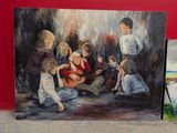 painting of a group of people sitting around a painting of a man playing a guitar