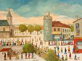un tableau représentant des personnes se promenant sur une place de ville