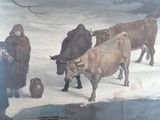 a picture of a painting of a group of cows in the snow