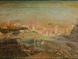 painting of a view of a town with a castle in the distance