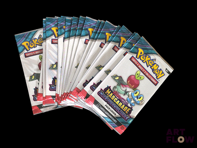 five packs of pokemon trading cards on a black background