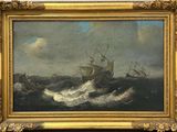 un tableau représentant un navire sur une mer agitée, avec d'autres navires en arrière-plan