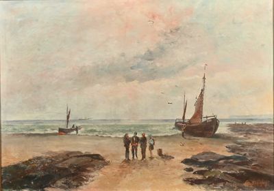 a painting of a group of people walking on the beach
