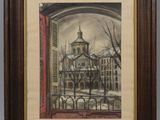 l'image d'une peinture représentant un bâtiment avec une tour d'horloge en arrière-plan