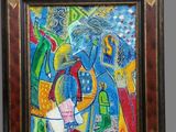 painting of a man and a woman with a guitar in a room