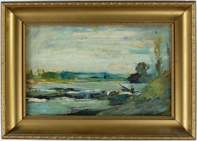 une peinture à l'huile représentant une scène de rivière avec un bateau dans l'eau