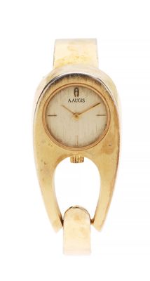 an image of a ladies ' s watch with a gold case and a white dial