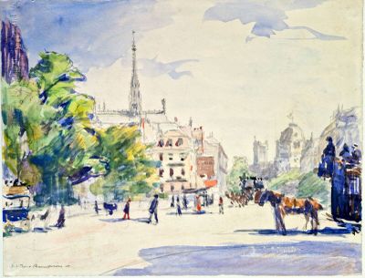 tableau représentant une scène de rue avec une calèche et une église en arrière-plan