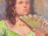 painting of a woman in a green dress holding a fan