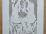 painting of two nudes sitting on a chair in a wood frame