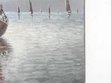 painting of a sailboat on the water with other sailboats in the background