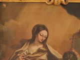 painting of a woman holding a cross in her right hand and a man holding a cross in his other hand