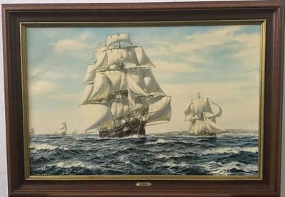 painting of two ships in the ocean with a sky in the background