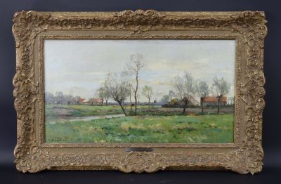 une peinture d'un paysage avec des arbres et une rivière au premier plan