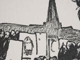 an image of a drawing of a crowd of people standing in front of a church