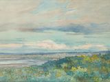 un tableau représentant une vue sur l'océan depuis une colline
