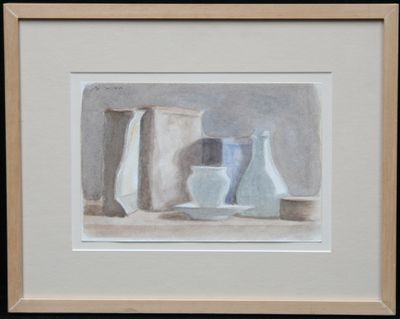 a picture of a painting of vases and a bowl on a table