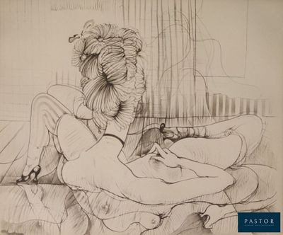 dessin représentant une femme assise sur un lit avec un chien
