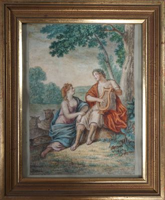 an image of a painting of a woman and a man sitting on a bench
