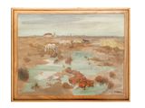 an image of a painting of a landscape with horses and a stream