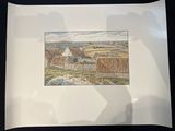 painting of a landscape of a farm with a barn in the foreground