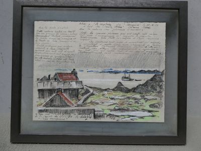 dessin représentant une maison au bord de l'eau, avec un bateau au loin