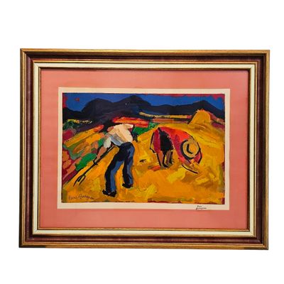 painting of a man with a plow in a field with mountains in the background