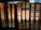 de nombreux livres anciens alignés sur une étagère dans une bibliothèque
