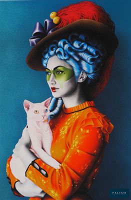 tableau représentant une femme aux cheveux bleus tenant un chat blanc dans ses bras