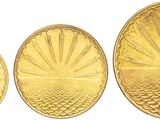 three gold coins are shown in a row on a white background