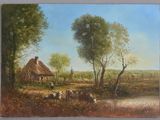 a painting of a farm scene with cows and a thatched house