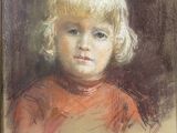 painting of a young girl in a red shirt with a brown background