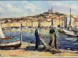 un tableau représentant deux hommes debout sur une plage