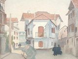 un tableau représentant un homme qui promène son chien dans la rue