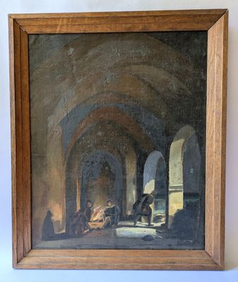 an oil painting of a man sitting in a room with a fireplace