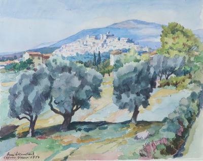 une image représentant un tableau d'un village avec des arbres au premier plan