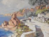 a painting of two people walking on a path by the water