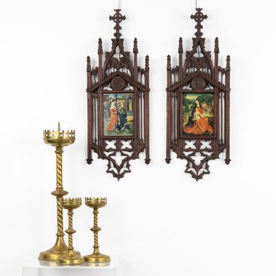 pair of 19th century carved wood and brass candlesticks