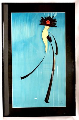 painting of a bird with a long tail on a blue background